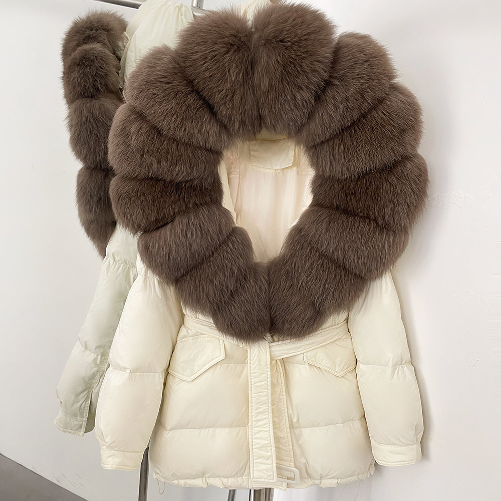 OFTBUY Thick Warm Mid-Long Puffer Coat Real Fox Fur Collar White Duck Down Coat Female Loose Warm Hooded Parkas With Belt