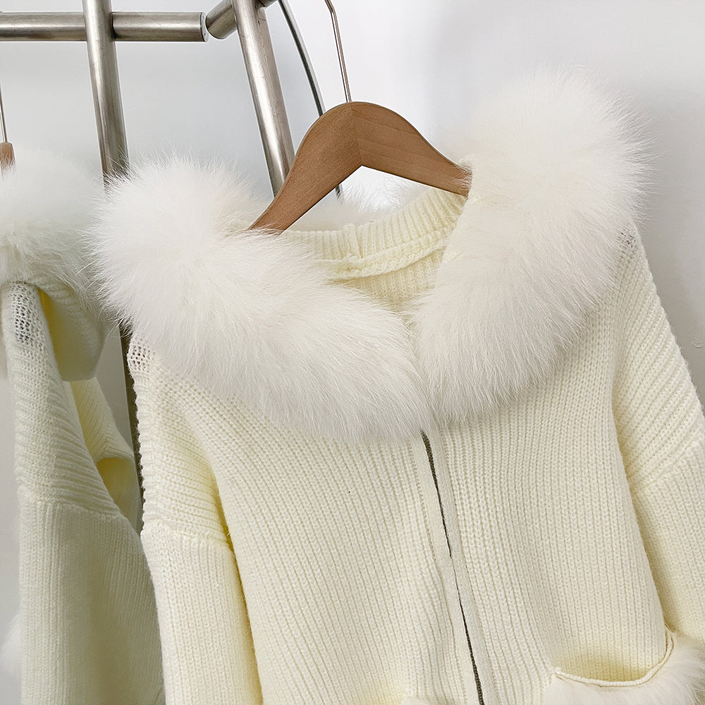 OFTBUY Zipper Pockets Warm Winter Fashion Casual Outerwear Sweater Female New Women's Knit Hoodie with Real Fox Fur Trim