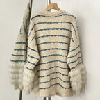 OFTBUY Stripe V-neck Real Fur Trim Sweater Coat Women New Spring Autumn Top Clothing Female Knitted Cardigans with Real Fox Fur