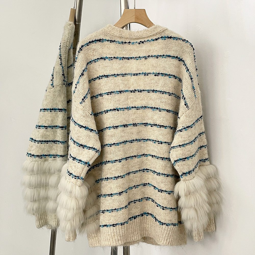 OFTBUY Stripe V-neck Real Fur Trim Sweater Coat Women New Spring Autumn Top Clothing Female Knitted Cardigans with Real Fox Fur