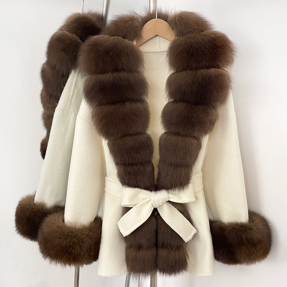 OFTBUY Big Natural Fox Fur Pinnacle 100% Wool Coat Female New Autumn Winter Clothes Women Belt Natural Fur Collar Woolen Jacket