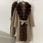 OFTBUY New Autumn Winter Clothes Women Belt Natural Fur Collar Woolen Jacket Long Big Fox Fur Pinnacle 100% Wool Coat Female