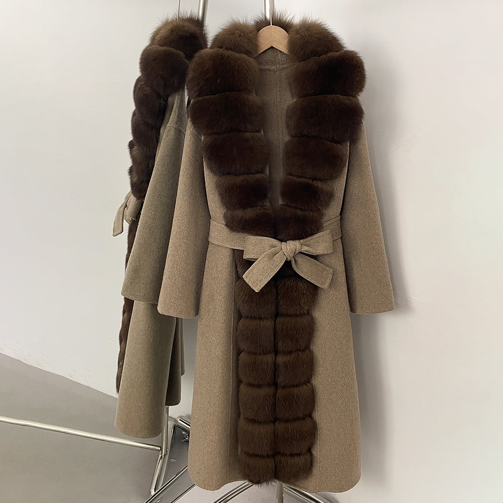OFTBUY New Autumn Winter Clothes Women Belt Natural Fur Collar Woolen Jacket Long Big Fox Fur Pinnacle 100% Wool Coat Female