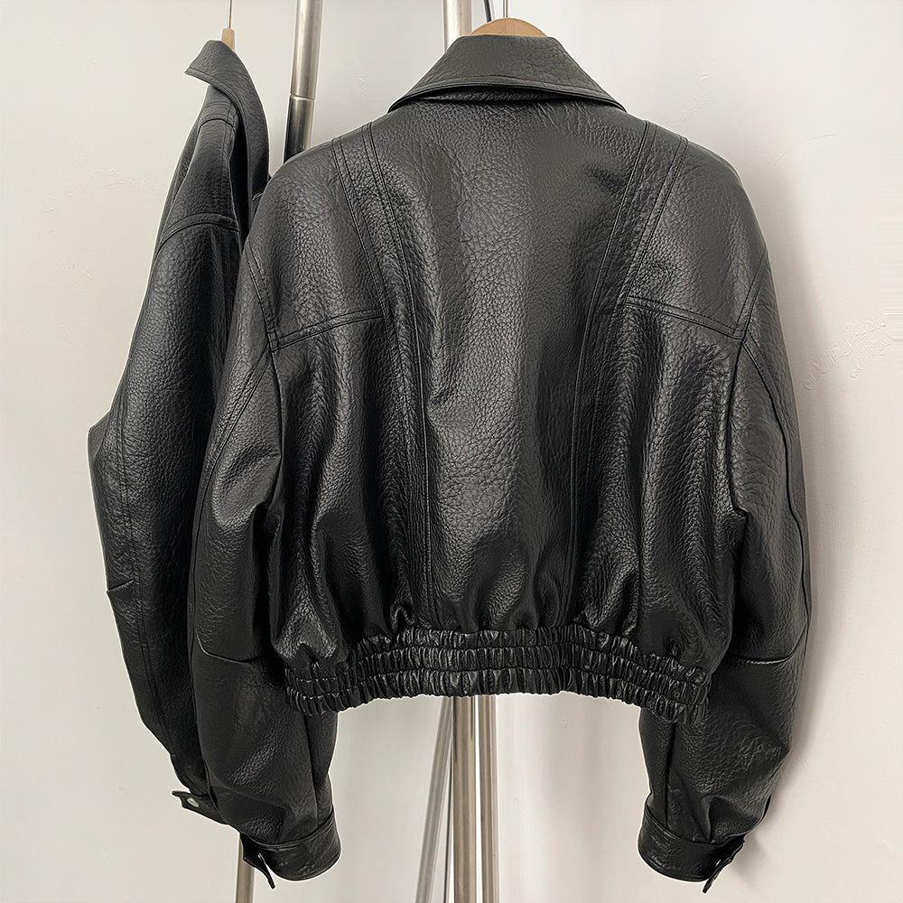 OFTBUY New Vintage Biker Outerwear Female Women's Black Faux Leather Cropped Bomber Jacket PU Aviator Coat with Elastic Hem