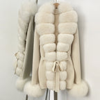 OFTBUY Belt Textured Knit Warm Winter Luxury Outerwear Female Sweater Cardigan New Women's Knit Coat with Large Real Fox Fur