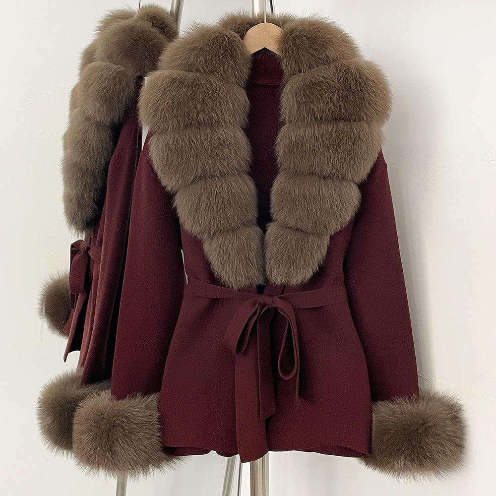 OFTBUY Belt Knit Warm Winter Luxury Casual Fashion Outerwear Sweater Female New Women's Knit Coat with Large Real Fox Fur Collar