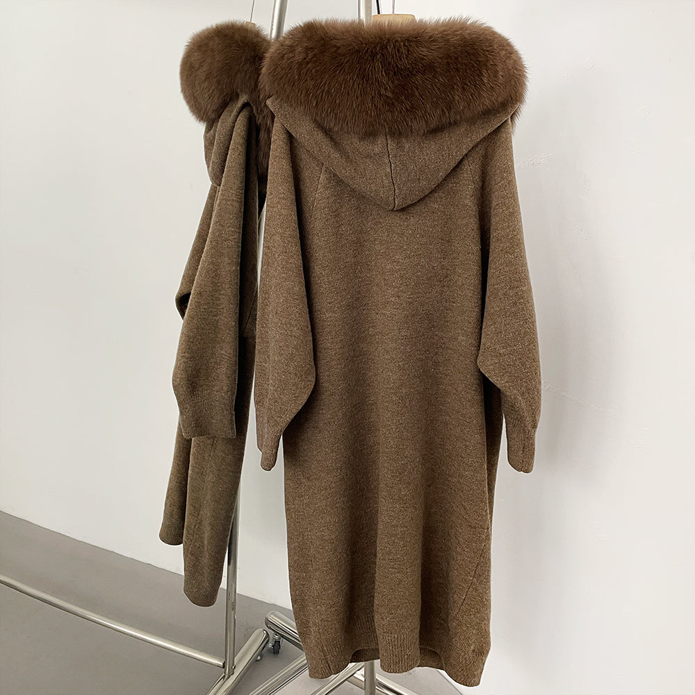 OFTBUY Hooded Long Knitted Cardigan Women Fashion New Spring Autumn Clothes Female Thick Warm Real Fox Fur Knitting Jacket Lady
