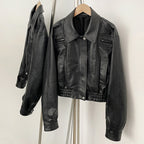 OFTBUY New Vintage Biker Outerwear Female Women's Black Faux Leather Cropped Bomber Jacket PU Aviator Coat with Elastic Hem