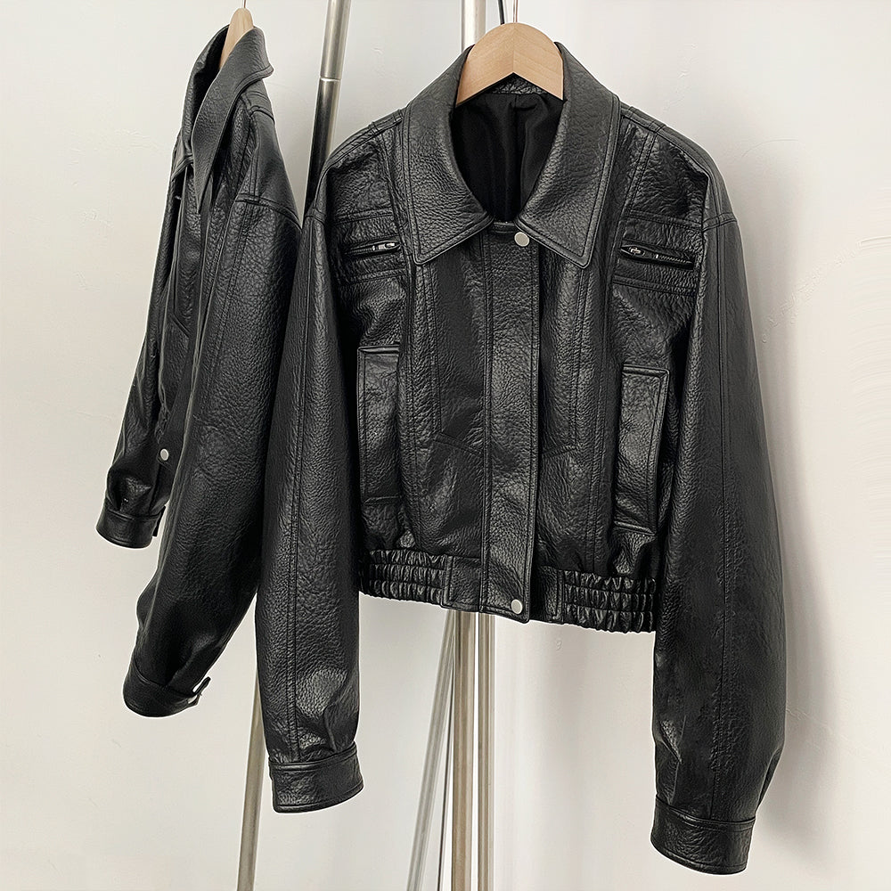 OFTBUY New Vintage Biker Outerwear Female Women's Black Faux Leather Cropped Bomber Jacket PU Aviator Coat with Elastic Hem
