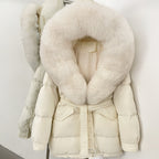 OFTBUY Thick Warm Mid-Long Puffer Coat Real Fox Fur Collar White Duck Down Coat Female Loose Warm Hooded Parkas With Belt