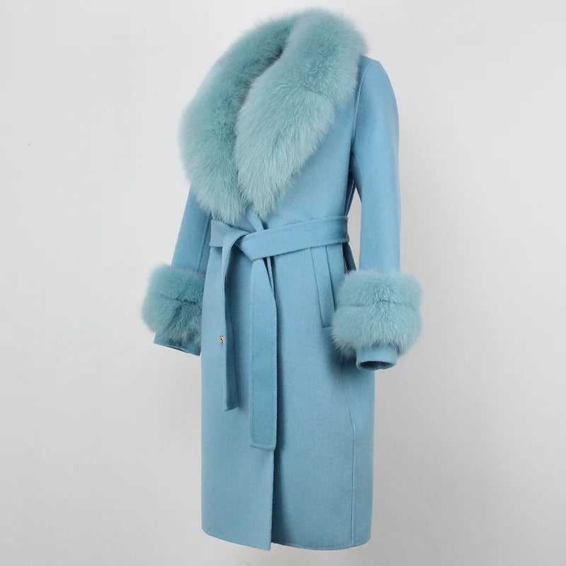 OFTBUY Winter Jacket Women Long Natural Wool Blends Cashmere Real Fur Coat Double Breasted Belt Warm Streetwear New Fashion