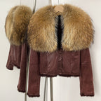OFTBUY Luxury Suede Jacket with Real Rabbit Fur Lining & Oversized Fox/Raccoon Fur Collar
