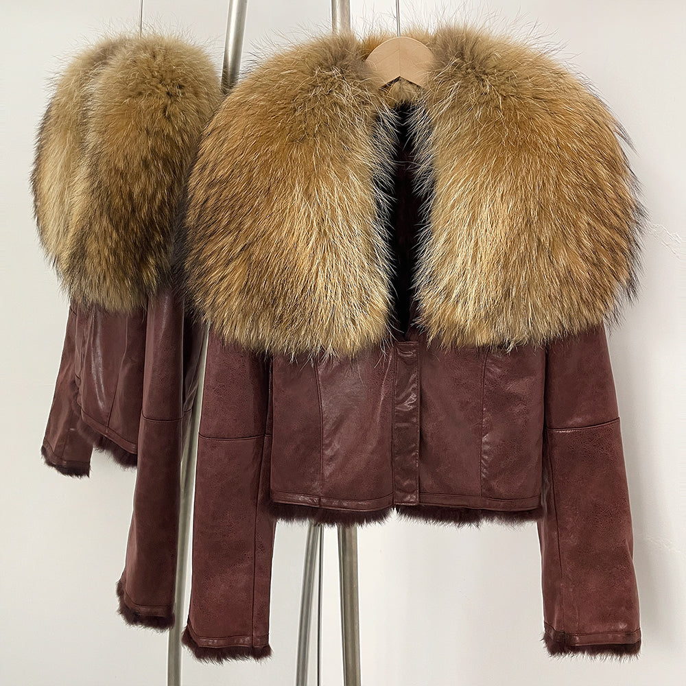 OFTBUY Luxury Suede Jacket with Real Rabbit Fur Lining & Oversized Fox/Raccoon Fur Collar