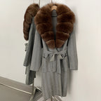 OFTBUY New Women's Knit Coat with Large Real Fox Fur Collar Belted Cardigan Female Winter Elegant Outerwear Warm Long Coat Lady