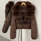 OFTBUY New Puffer Jacket Women with Large Natural Fox Fur Collar Short Fluffy Thick Parkas Female 90% White Duck Down Coat Lady