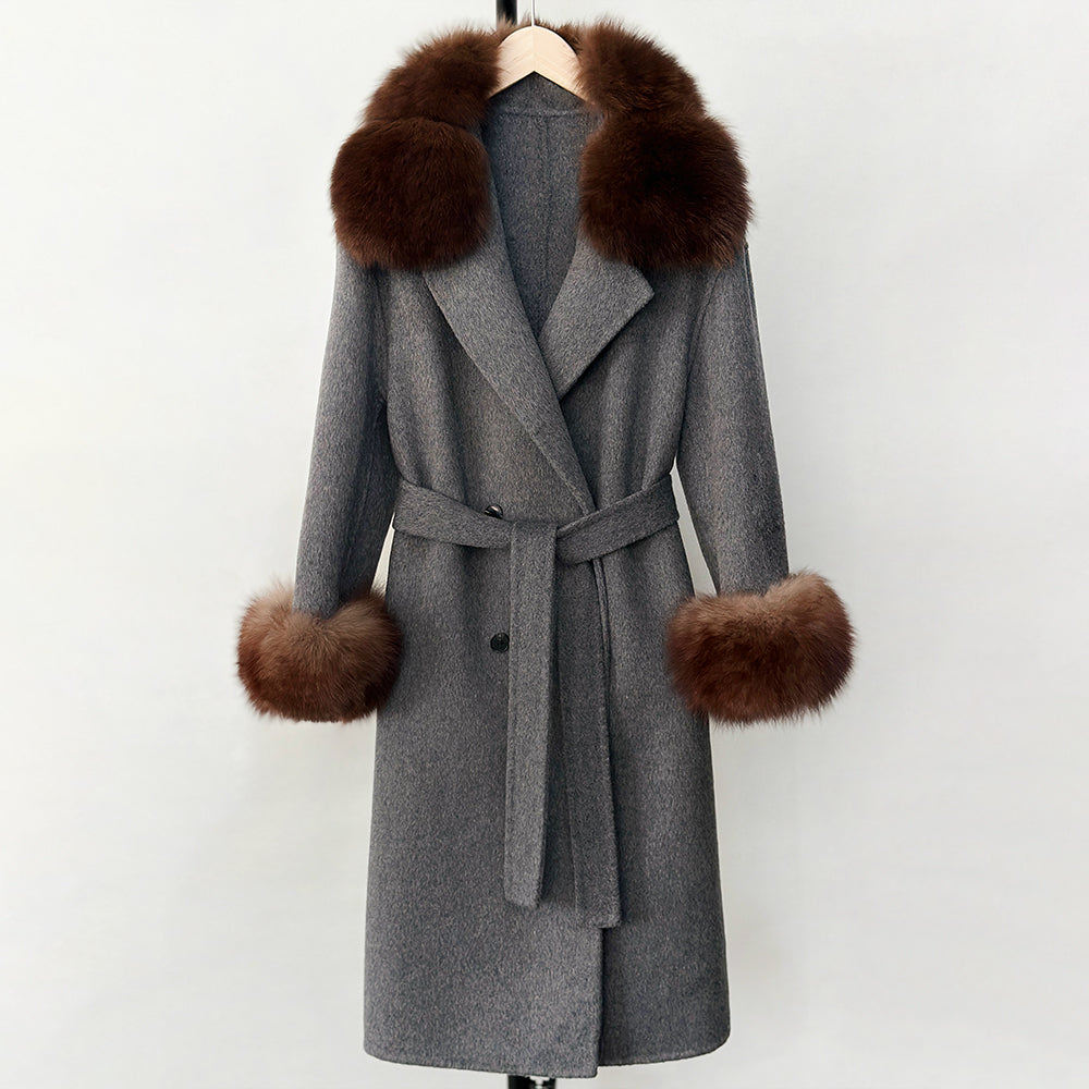 OFTBUY Fashion Warm Solid Long Wool Real Fur Jacket Female Natural Fox Fur Cuff Woolen Coat New Autumn Winter Black Clothes Lady