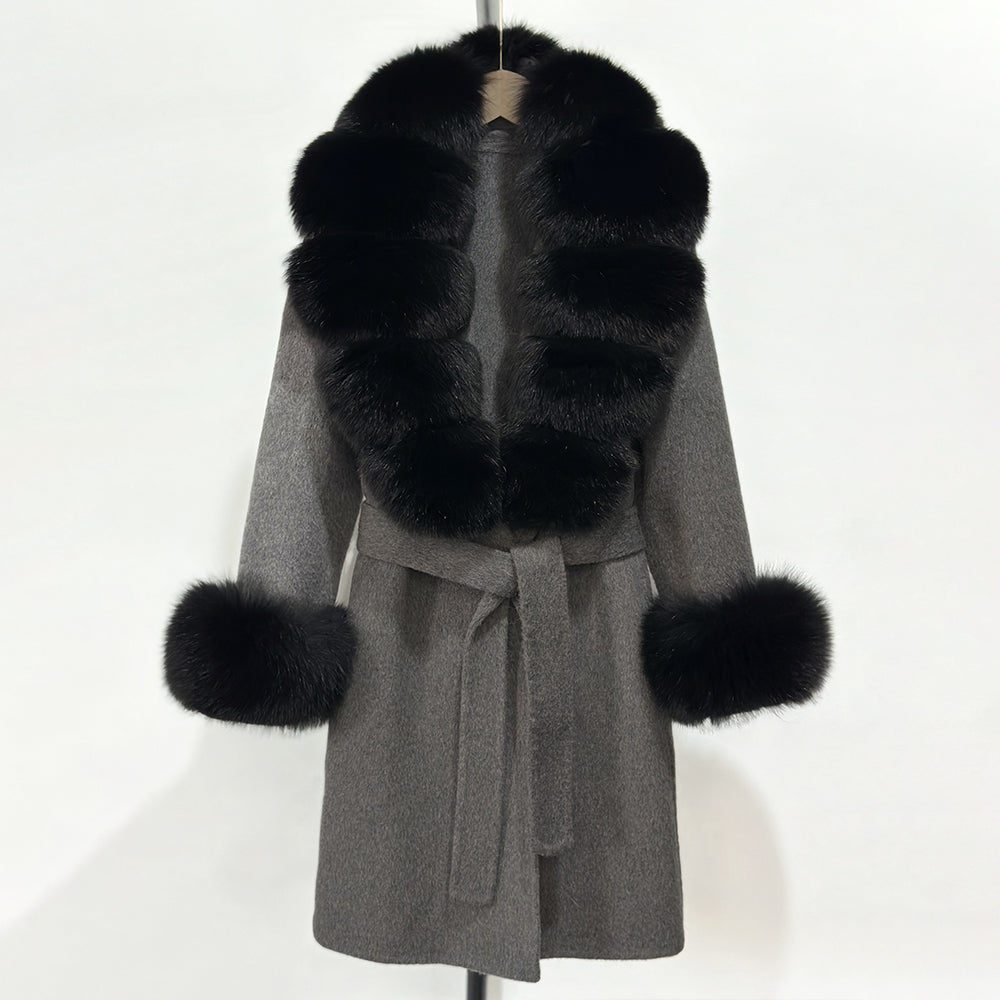OFTBUY New Autumn Winter Top Clothes Women Belt Natural Fur Wool Coat Female Fashion Warm Woolen Jacket with Real Fox Fur Collar