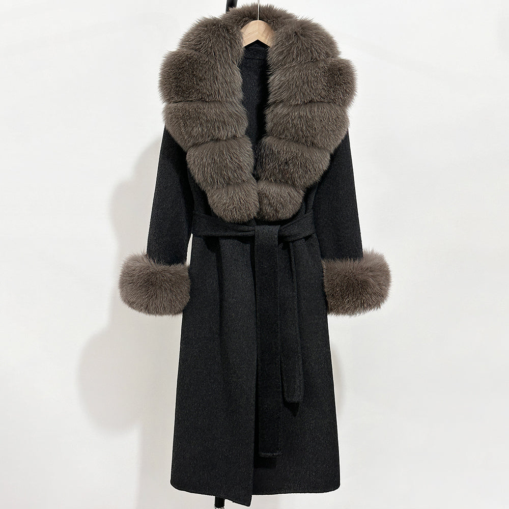 OFTBUY Fashion Warm Woolen Jacket with Real Fox Fur Collar and Cuffs New Autumn Winter Wool Clothing Women Long Belt Outerwear