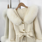 OFTBUY New Women's Wool Coat with Real Fox Fur Collar Cuffs Belted Waist Gold Button Elegant Winter Luxury Outerwear Female
