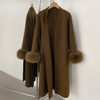 OFTBUY New Women's Double-Faced Wool Coat with Real Fox Fur Cuffs V-Neck Belted Bow Long Warm Winter Elegant Fashion Outerwear