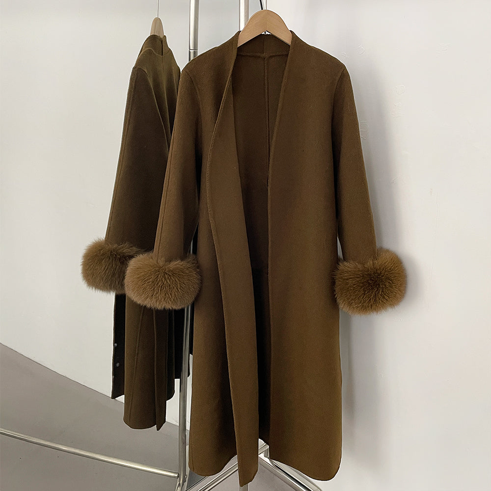 OFTBUY New Women's Double-Faced Wool Coat with Real Fox Fur Cuffs V-Neck Belted Bow Long Warm Winter Elegant Fashion Outerwear