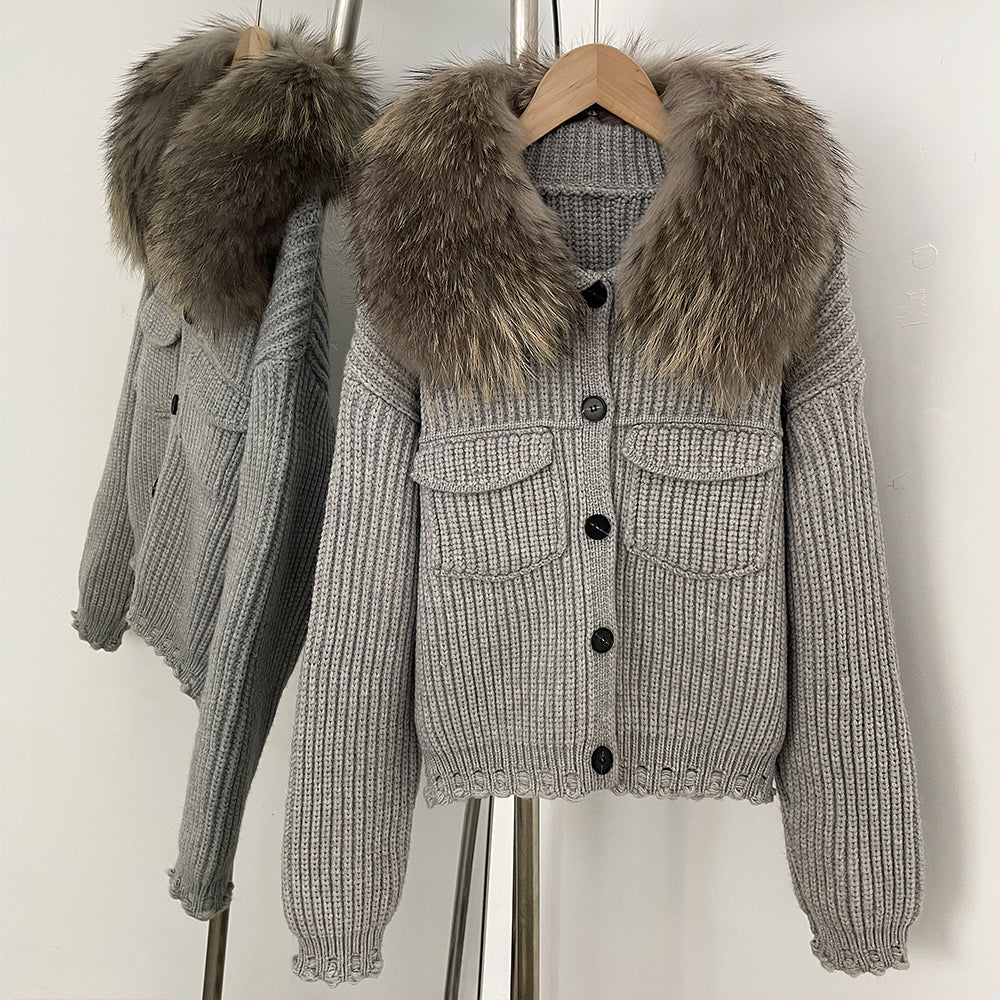OFTBUY Short Natural Fox Fur Collar Knitted Sweater Coat FemaleReal Fur Clothing New Autumn Winter Knitting Cardigan Women
