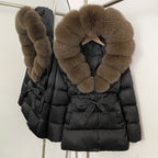OFTBUY New Women's Duck Down Jacket with Large Real Fox Fur Hood Belted Waist Warm Winter Puffer Coat Lady Luxury Outerwear