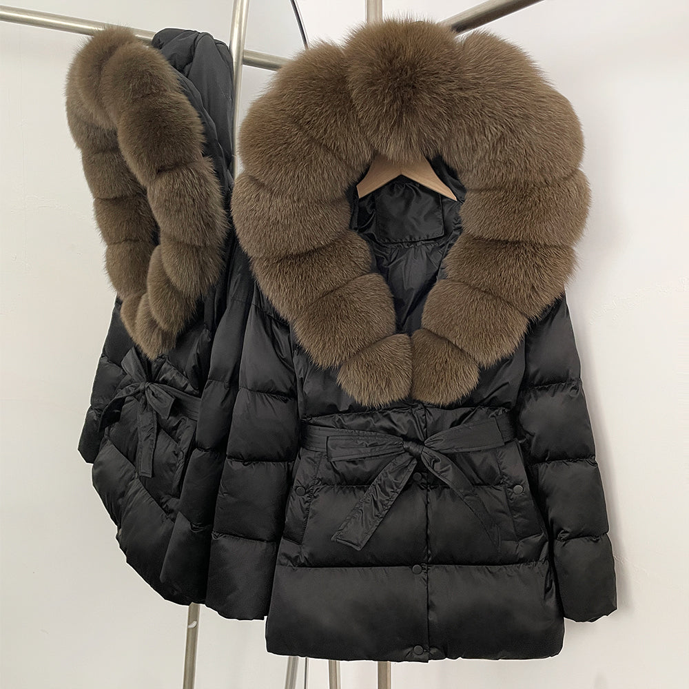 OFTBUY New Women's Duck Down Jacket with Large Real Fox Fur Hood Belted Waist Warm Winter Puffer Coat Lady Luxury Outerwear