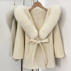 OFTBUY New Autumn Winter Wool Clothing Women Belt Hooded Real Fox Fur Cape Coat Female Fashion Warm Woolen Natural Fur Jacket