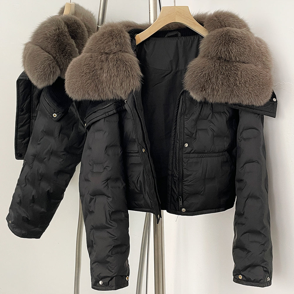 OFTBUY Thickened Warm Fluffy Real Fox Fur Puffer Jacket Women Short Long Sleeve White Duck Down Coat Female New Winter Clothing