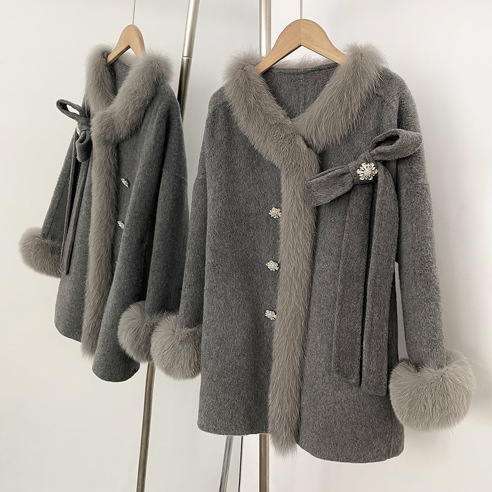OFTBUY Trim Bow Detail Decorative Buttons Winter Elegant Woolen Outerwear New Women's Double Face Wool Coat with Real Fox Fur