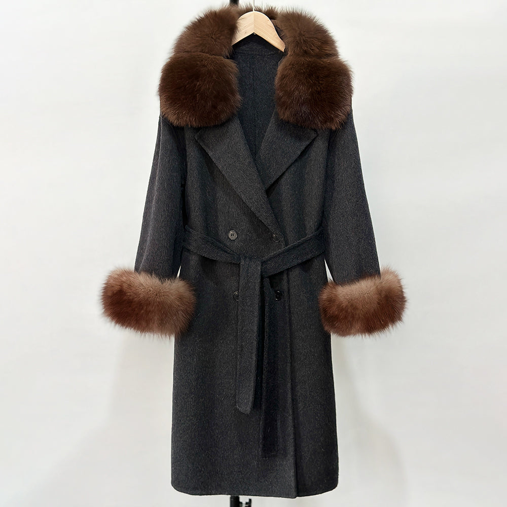 OFTBUY Fashion Warm Solid Long Wool Real Fur Jacket Female Natural Fox Fur Cuff Woolen Coat New Autumn Winter Black Clothes Lady