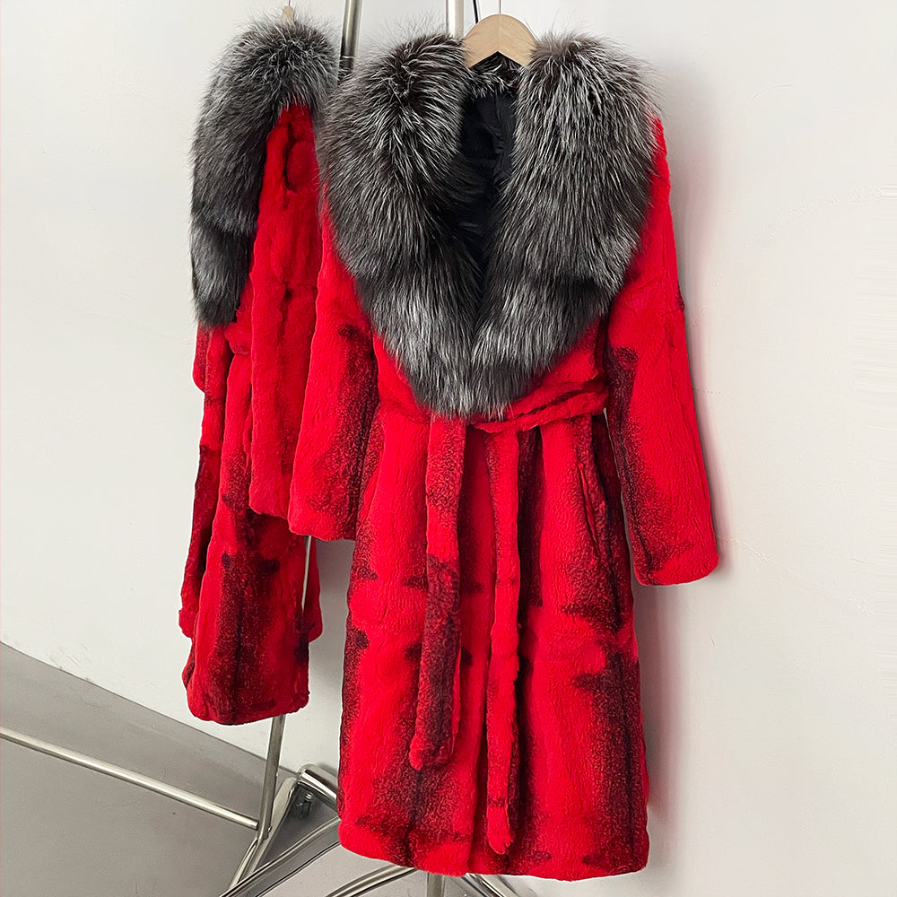 OFTBUY Gradient Print Real Rabbit Fur Long Coat - Oversized Natural Silver Fox Fur Collar Belted Waist Luxury Winter Trench Coat