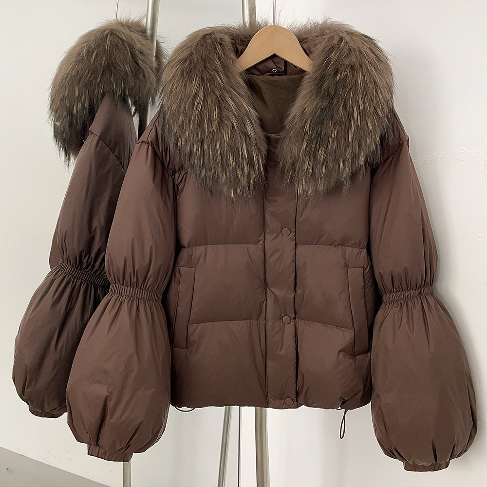 OFTBUY New Winter Loose Top Clothes Women Real Fox Fur Fluffy Puffer Jacket Female Lantern Sleeves Natural Fur Collar Down Coat