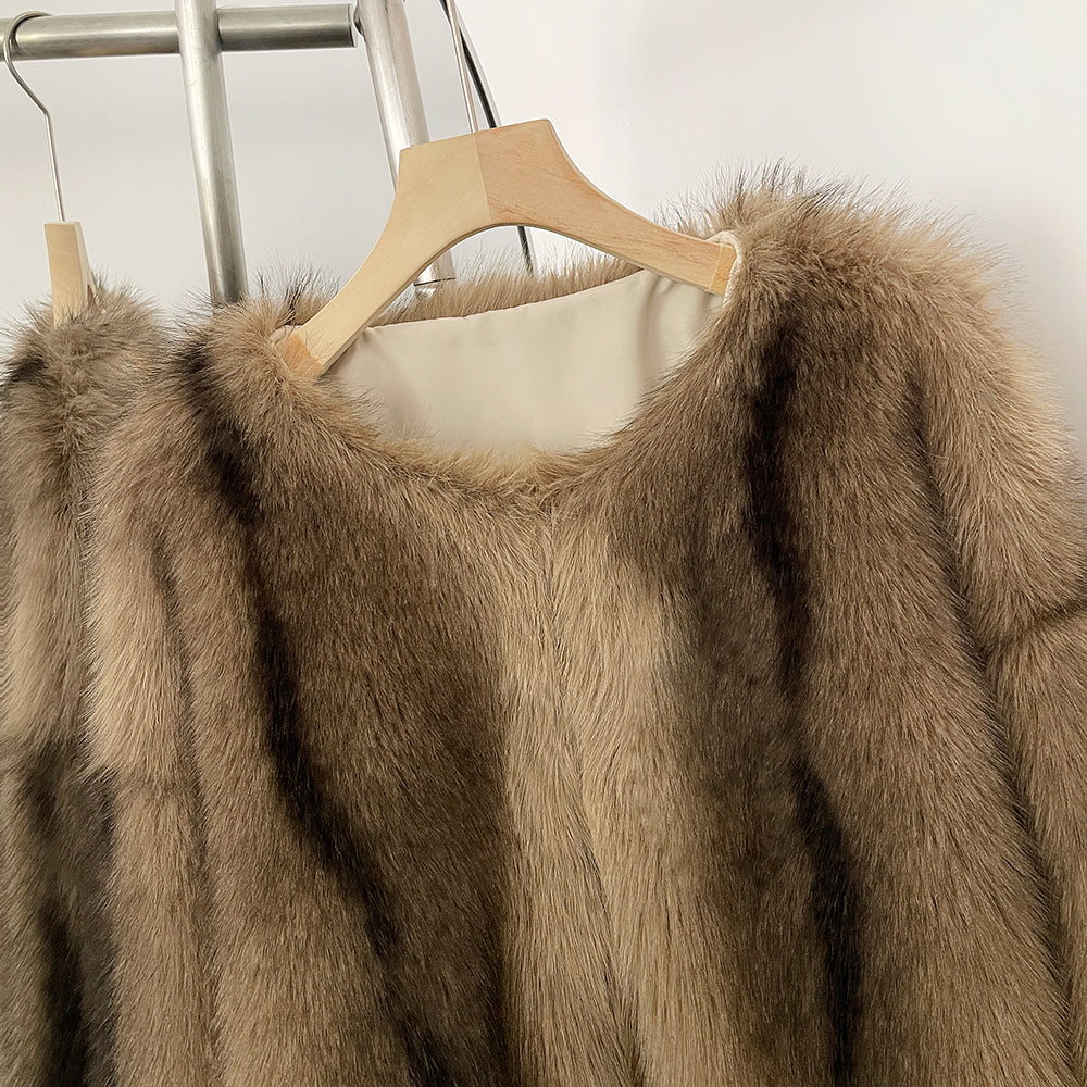OFTBUY Luxury Collarless Faux Fur Jacket - Chic Short Fluffy Vegan Fur Coat for Women