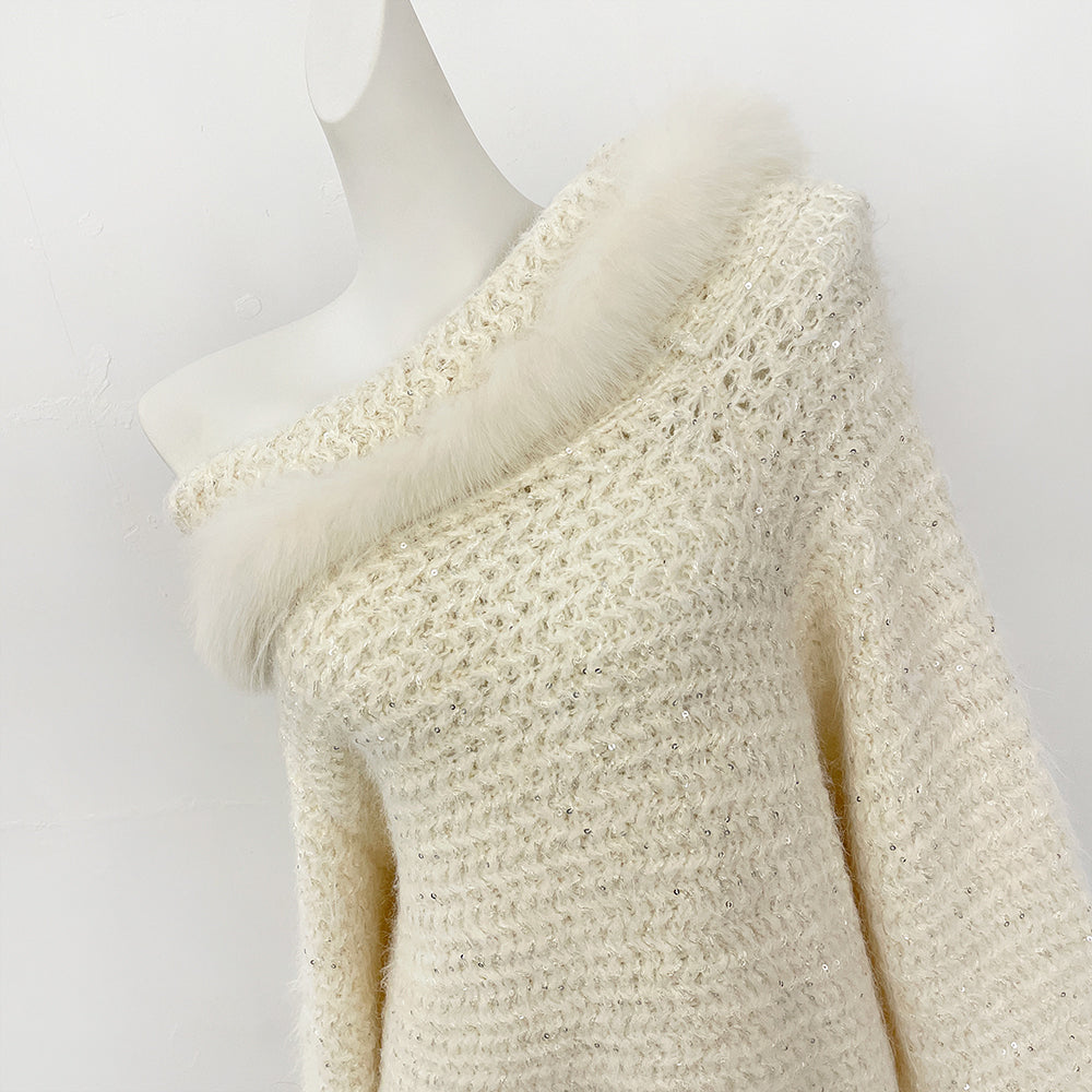 OFTBUY New Spring Autumn Light Top Clothes Female One-length Shoulder Pullovers Knitting Coat Women Real Fox Fur Knitted Sweater