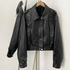 OFTBUY New Vintage Biker Outerwear Female Women's Black Faux Leather Cropped Bomber Jacket PU Aviator Coat with Elastic Hem