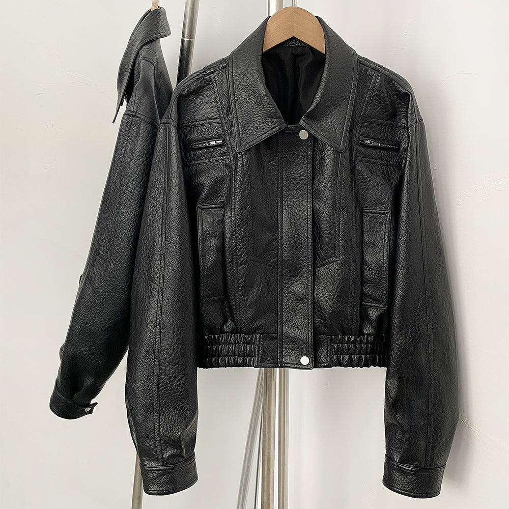 OFTBUY New Vintage Biker Outerwear Female Women's Black Faux Leather Cropped Bomber Jacket PU Aviator Coat with Elastic Hem