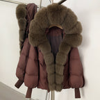 OFTBUY Luxury Cropped Down Puffer with Colossal Real Fur Collar - Premium 90% Duck Down Winter Statement Coat
