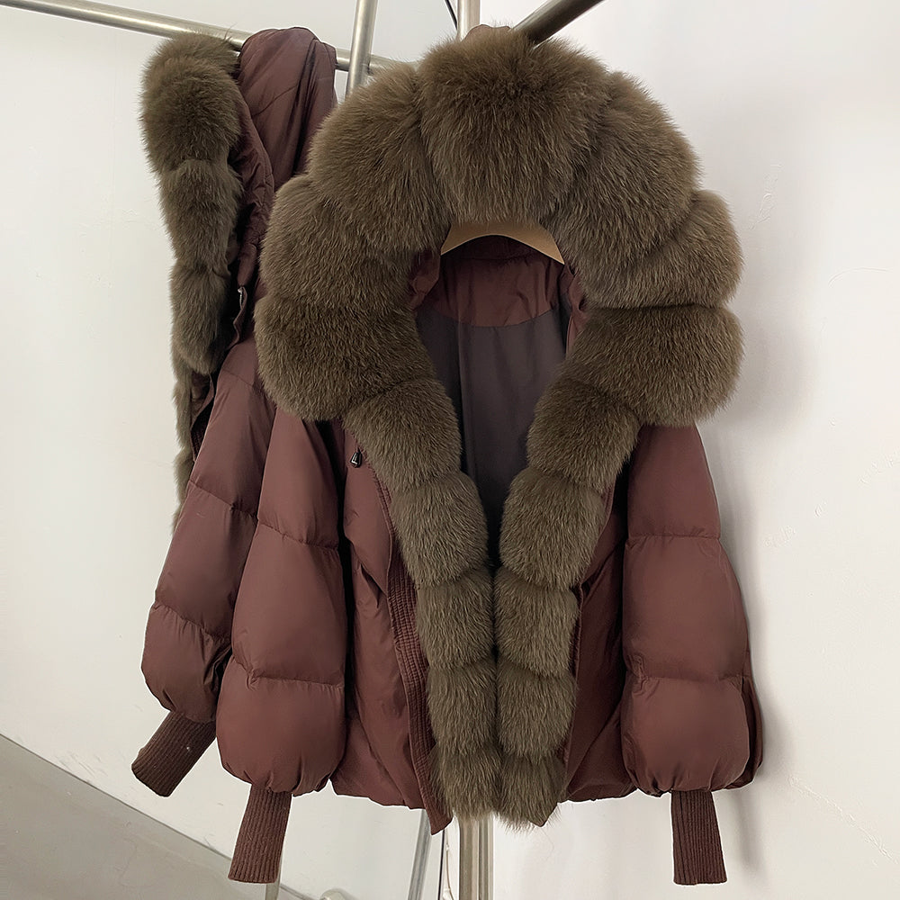 OFTBUY Luxury Cropped Down Puffer with Colossal Real Fur Collar - Premium 90% Duck Down Winter Statement Coat