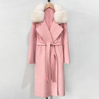 OFTBUY Belted Long Warm Winter Elegant Fashion Outerwear New Women's Double-Faced Wool Coat with Real Fox Fur Collar