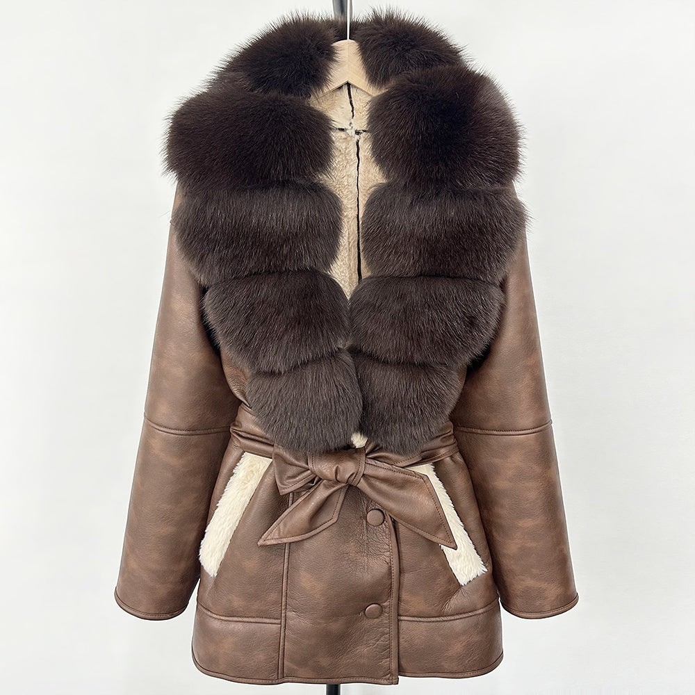 OFTBUY Large Natural Fox Fur Coat New Women Thick Warm Retro Faux Lamb Fur Jacket Belt Winter Female Parkas Outwear