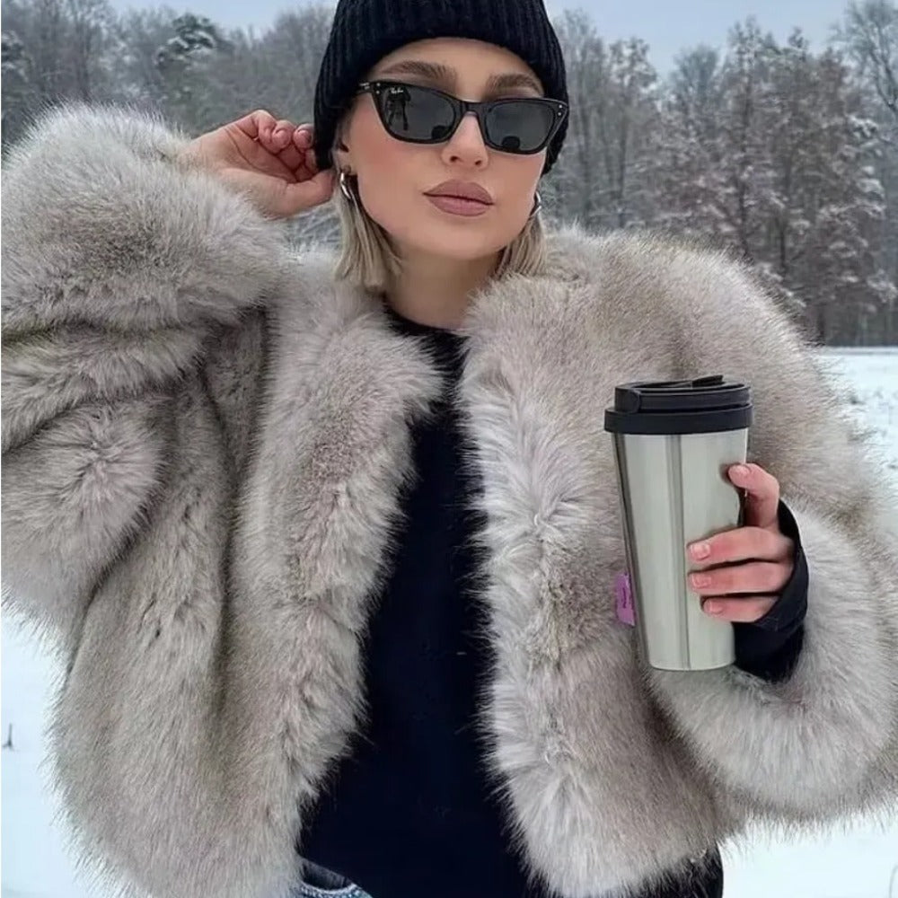 OFTBUY Cropped Faux Fox Fur Jacket