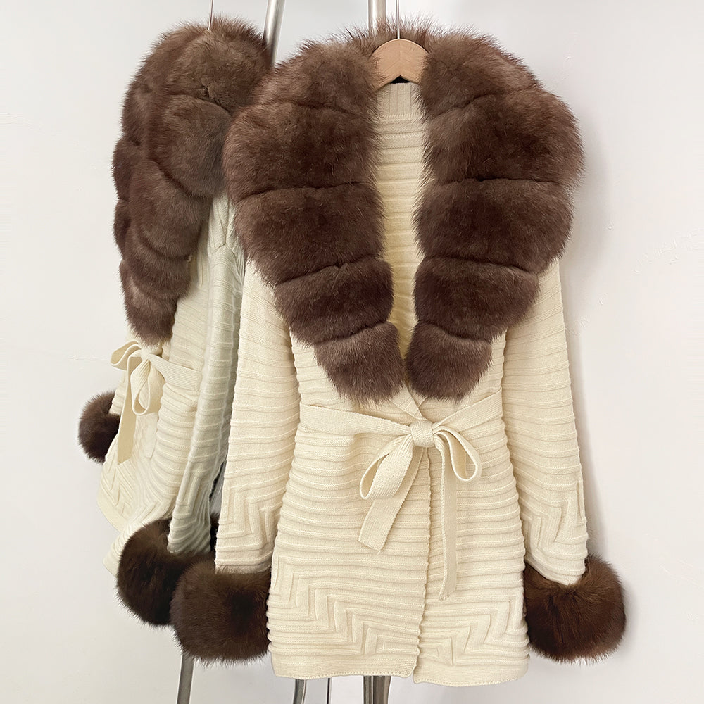 OFTBUY Belted Waist Striped Texture Pockets New Women's Knit Coat with Large Real Fox Fur Collar Winter Luxury Elegant Outerwear