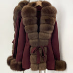 OFTBUY Belt Textured Knit Warm Winter Luxury Outerwear Female Sweater Cardigan New Women's Knit Coat with Large Real Fox Fur