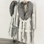 OFTBUY Gradient Print Real Rabbit Fur Long Coat - Oversized Natural Silver Fox Fur Collar Belted Waist Luxury Winter Trench Coat