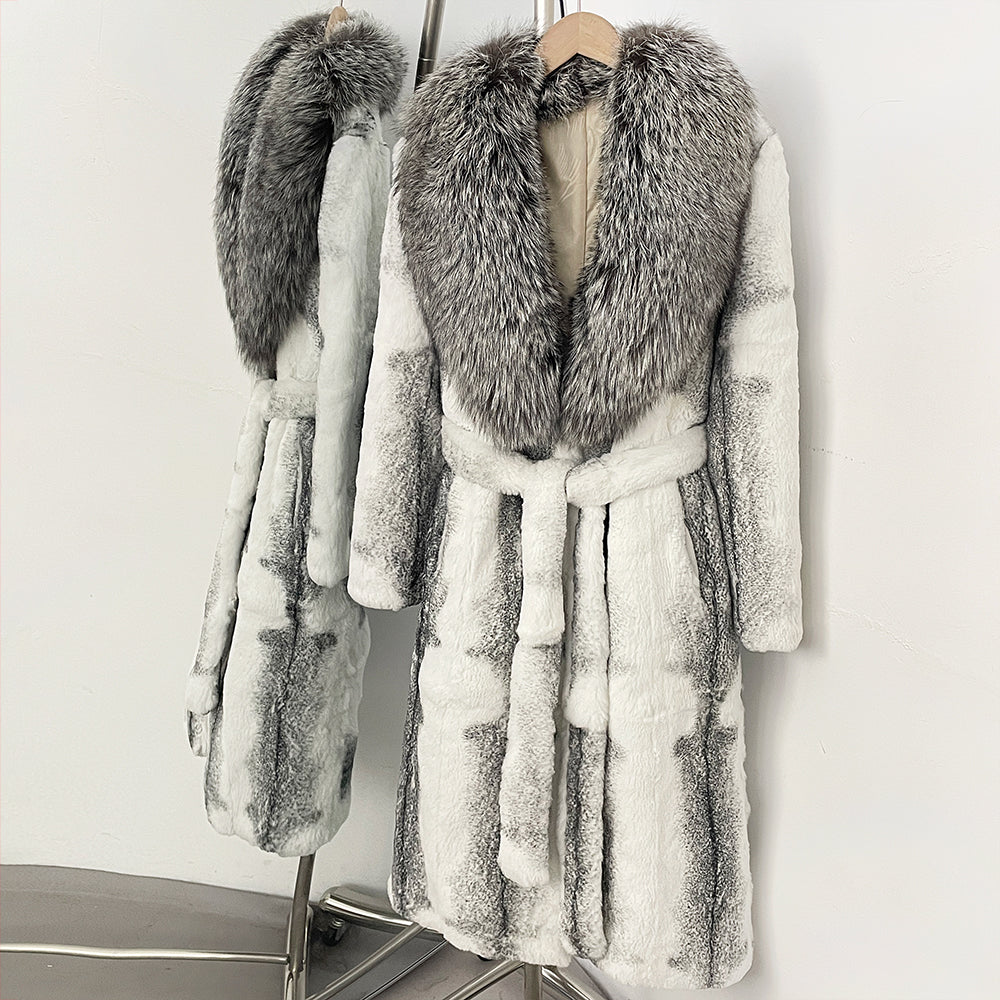 OFTBUY Gradient Print Real Rabbit Fur Long Coat - Oversized Natural Silver Fox Fur Collar Belted Waist Luxury Winter Trench Coat