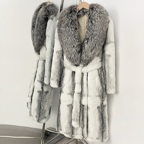 OFTBUY Gradient Print Real Rabbit Fur Long Coat - Oversized Natural Silver Fox Fur Collar Belted Waist Luxury Winter Trench Coat
