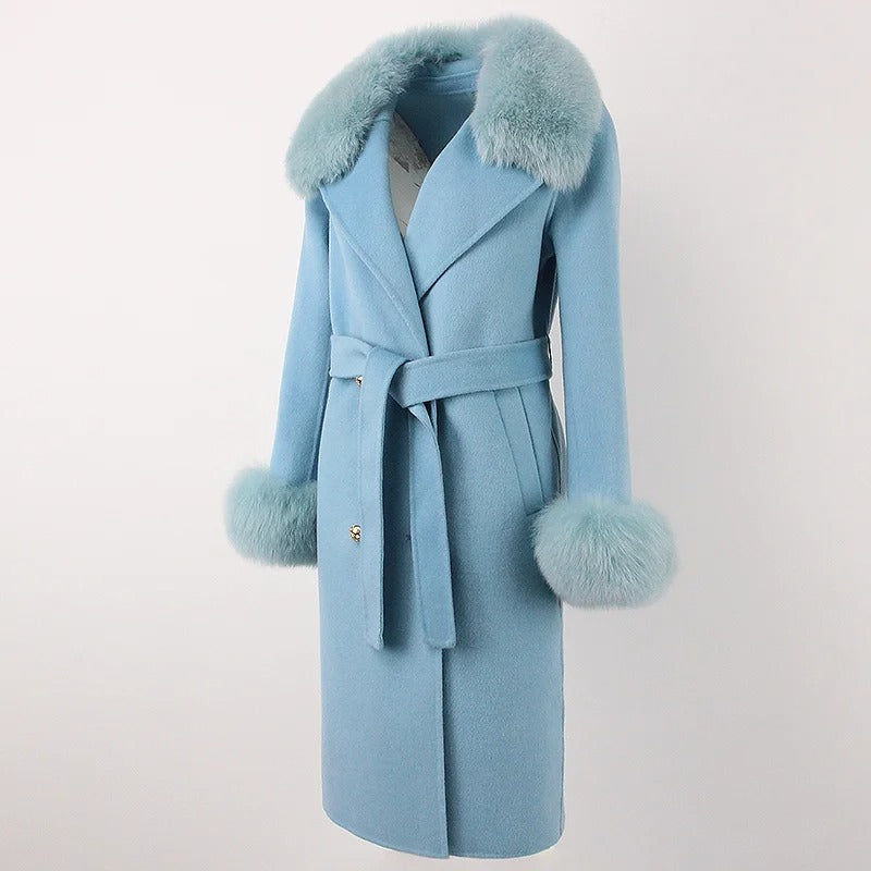 OFTBUY Winter Jacket Women Long Natural Wool Blends Cashmere Real Fur Coat Double Breasted Belt Warm Streetwear New Fashion