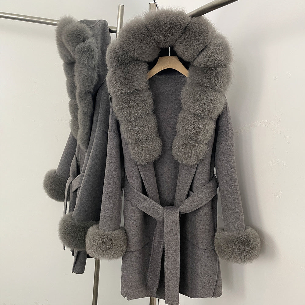 OFTBUY Real Fox Fur Wool Coat Hooded Natural Fur Collar and Cuffs New Autumn Winter Clothes Women Cashmere Woolen Jacket Lady